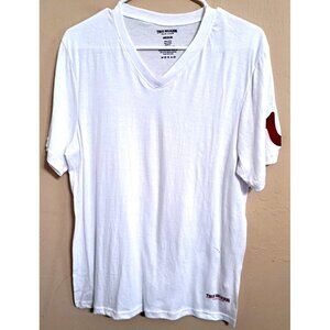 True Relition Men's M White V-Neck Shorts Sleebve T-Shirt Red Accents